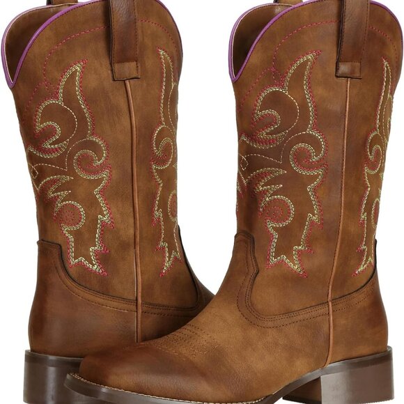 Women's Cowgirl Boots Wide Square Toe Faux Leather Size 10 Western Horse Riding - Picture 7 of 8